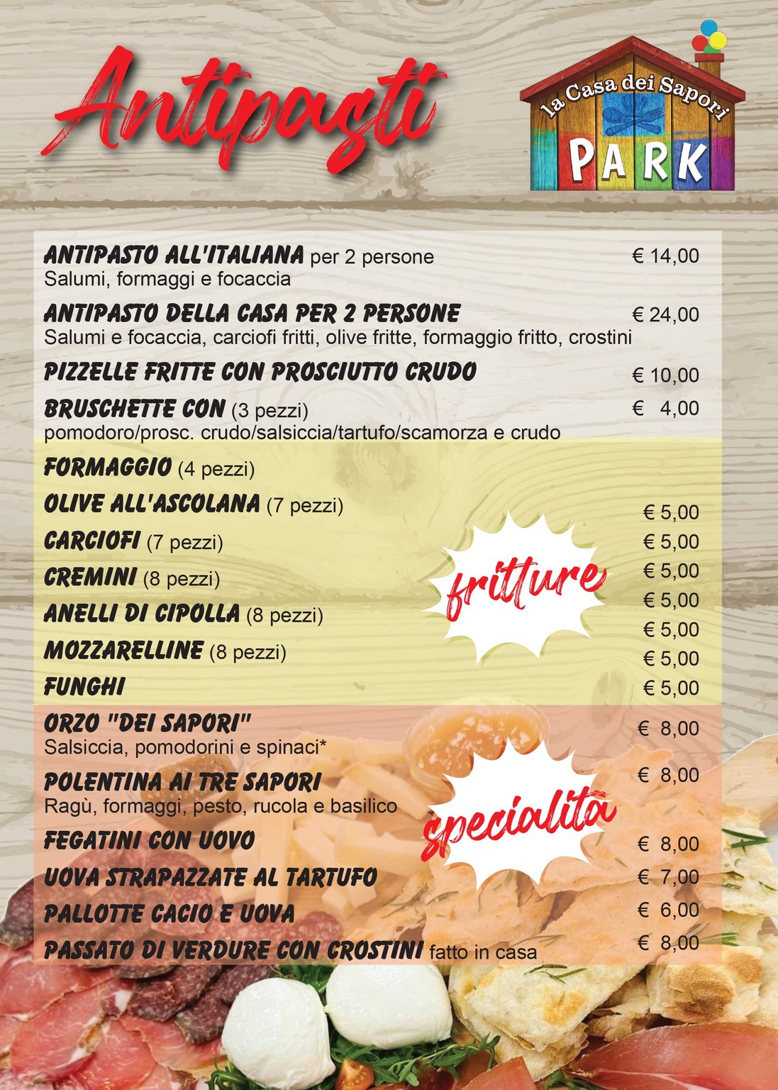 Tavola menu antipasti e specialità